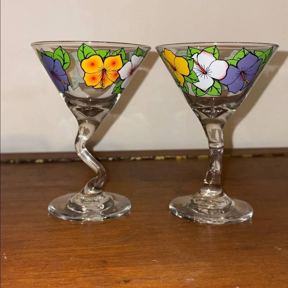 Y2K Era Ron Jon Surf Shop Retro Bent Stem Martini Glass 2 Matching Hibiscus Cute